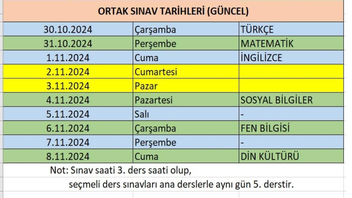 ORTAK SINAV TAKVİMİ (GÜNCEL)