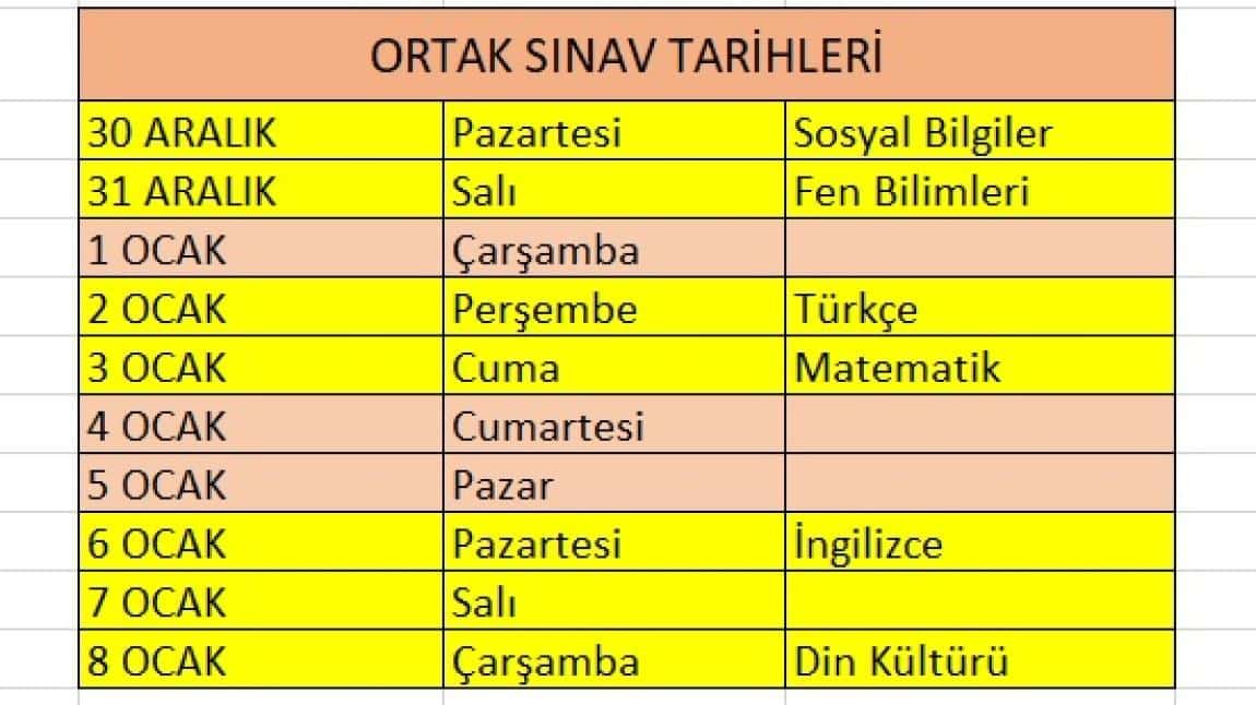 ORTAK SINAV TAKVİMİ (1. Dönem 2. Sınavlar)